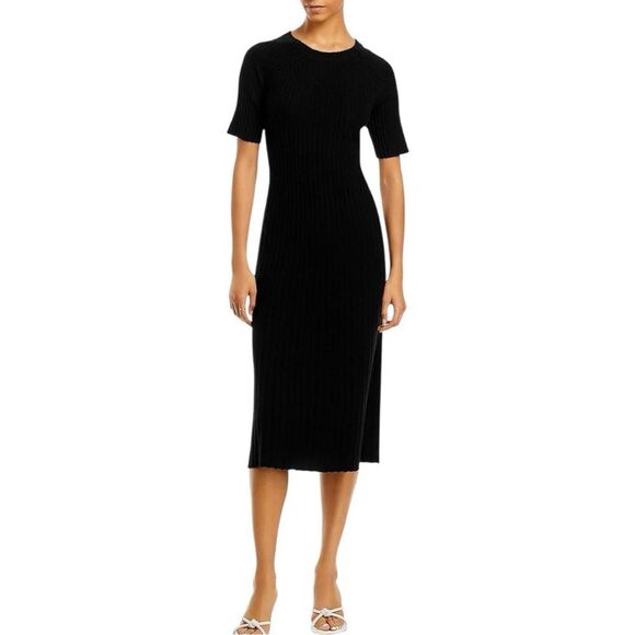 Bloomingdale’s Cashmere Ribbed Short Sleeve Midi Dress Black Size Medium - Picture 1 of 6